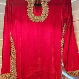 Red Women's Embellished Velvet Top